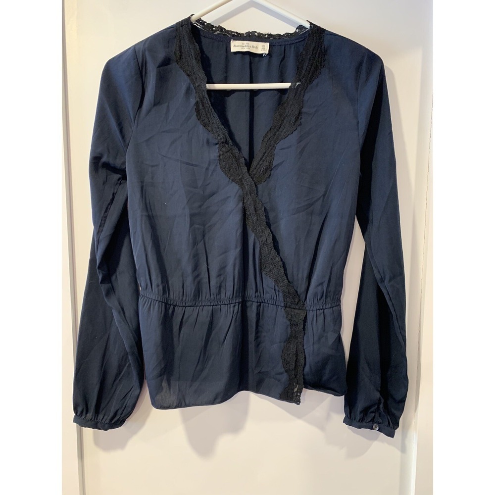 Abercrombie & Fitch Navy Blue Lace Trim Peplum Blouse Long Sleeve XS Surplice
